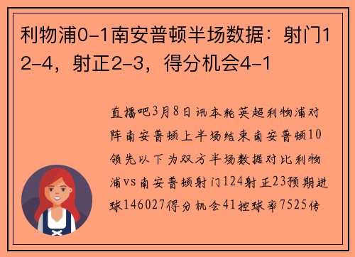 利物浦0-1南安普顿半场数据：射门12-4，射正2-3，得分机会4-1