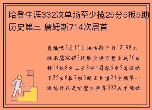 哈登生涯332次单场至少揽25分5板5助历史第三 詹姆斯714次居首